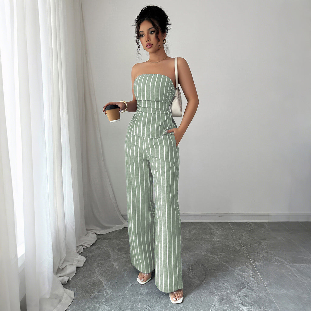 Cross-border fashion elegant tube top striped trousers two-piece suit women's clothing 2025 spring and summer  non-ironing and comfortable