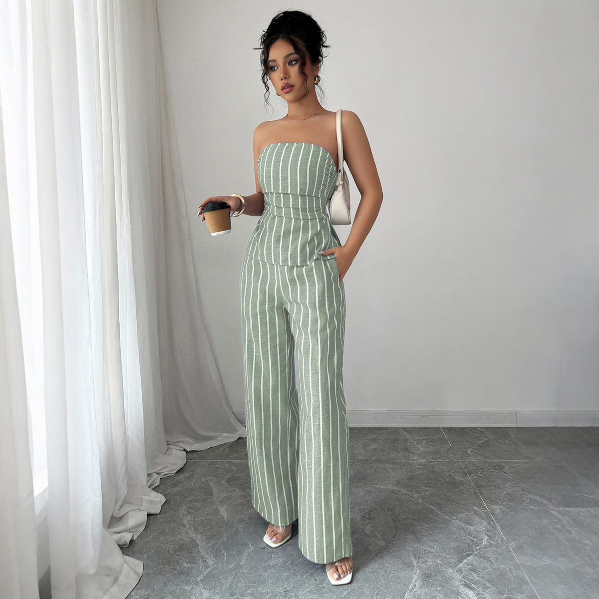 Cross-border fashion elegant tube top striped trousers two-piece suit women's clothing 2025 spring and summer  non-ironing and comfortable