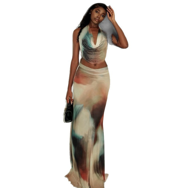 European and american style cross-border women's dress set: sexy scoop neck sleeveless backless bodycon midi skirt casual two-piece wholesale