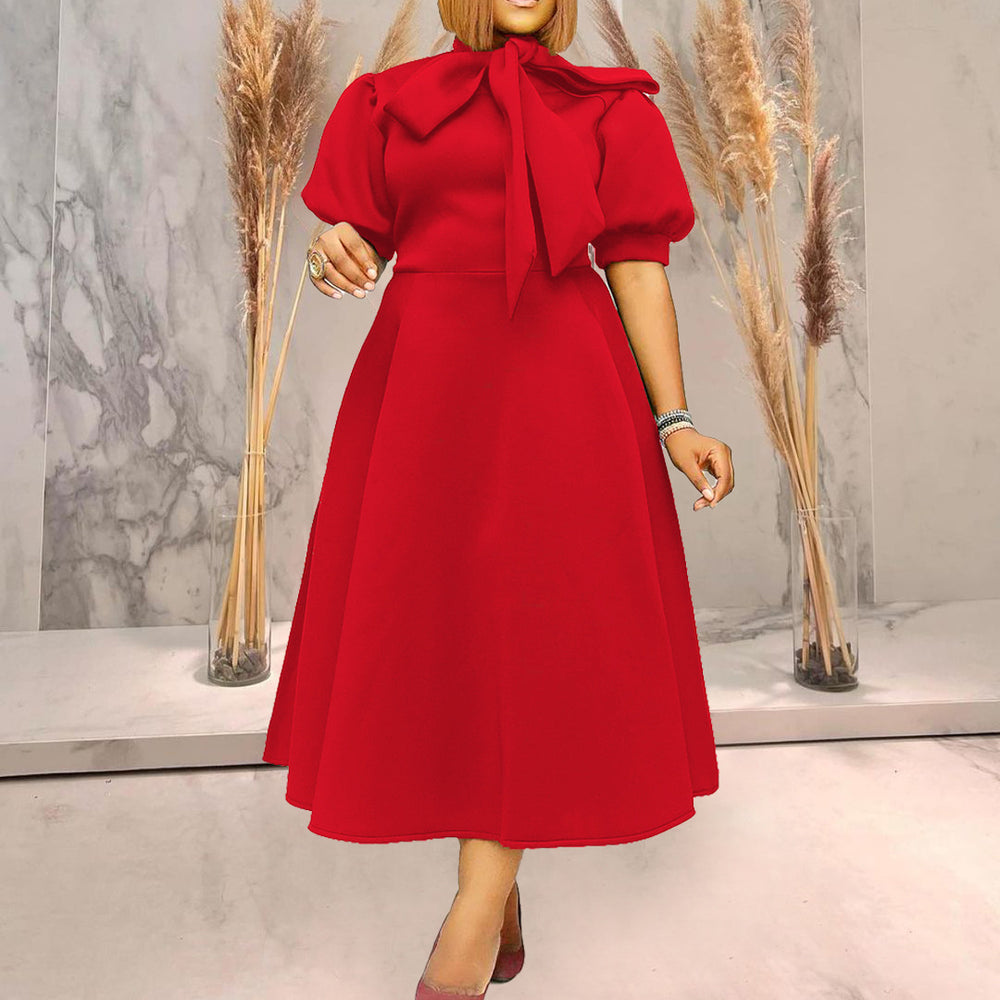 Plus size european and american women's clothing -  &  fashion: bubble sleeve, bow detail, maxi/midi length, export dress