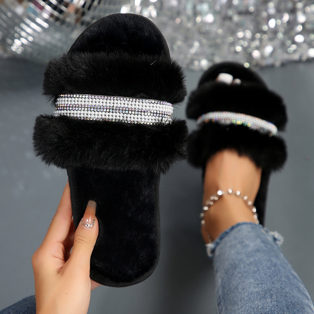 Fashion rhinestone indoor and outdoor casual fur slippers 2024 autumn and winter floor slippers bedroom home fur slippers