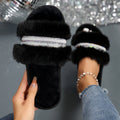 Fashion rhinestone indoor and outdoor casual fur slippers 2024 autumn and winter floor slippers bedroom home fur slippers