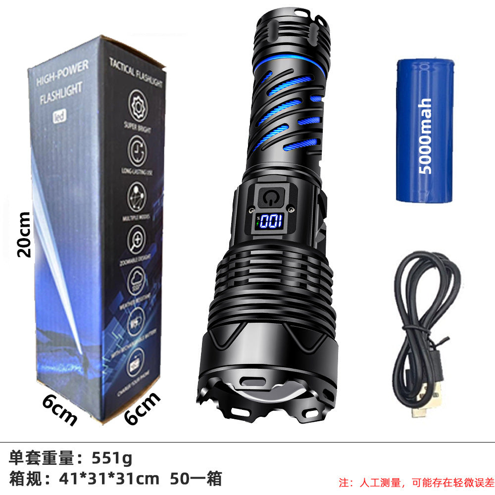 Cross-border new digital display power indicator P160 strong light flash flashlight with chong electric treasure adventure outdoor flashlight