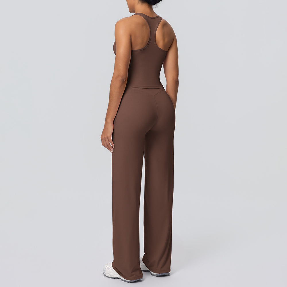 fashion brushed pure color tight i-shaped back sports suit running fitness yoga wear wide-leg two-piece set