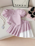 new autumn cross-border girls' elegant floral solid color puff sleeve top + a-line pleated skirt set