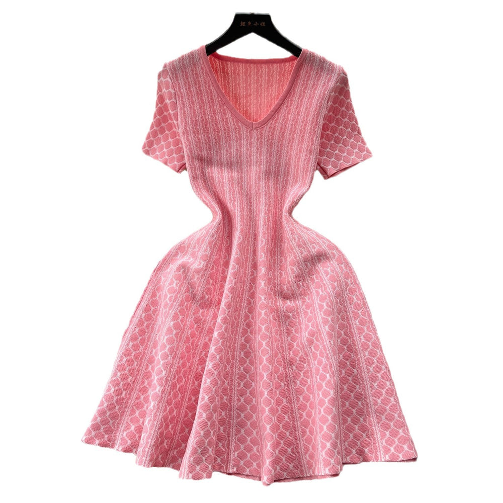 Knitted dress  new women's summer korean style elegant v-neck slim fit short a-line maxi skirt trendy women's fashion
