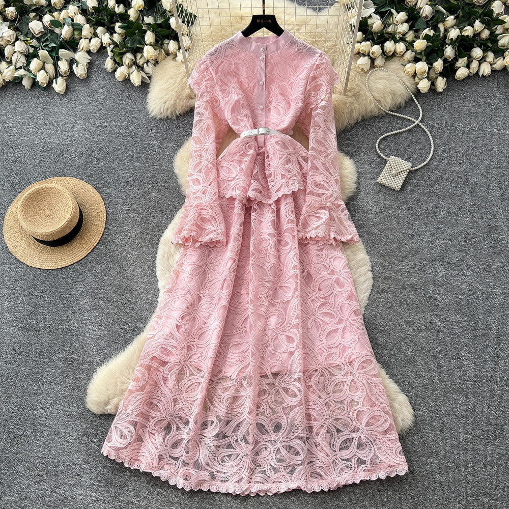 Light mature style classyelegancelacelong sleevesdressfemalefrenchheavy industry crochet waist silmlong skirt dress