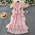 Light mature style classyelegancelacelong sleevesdressfemalefrenchheavy industry crochet waist silmlong skirt dress