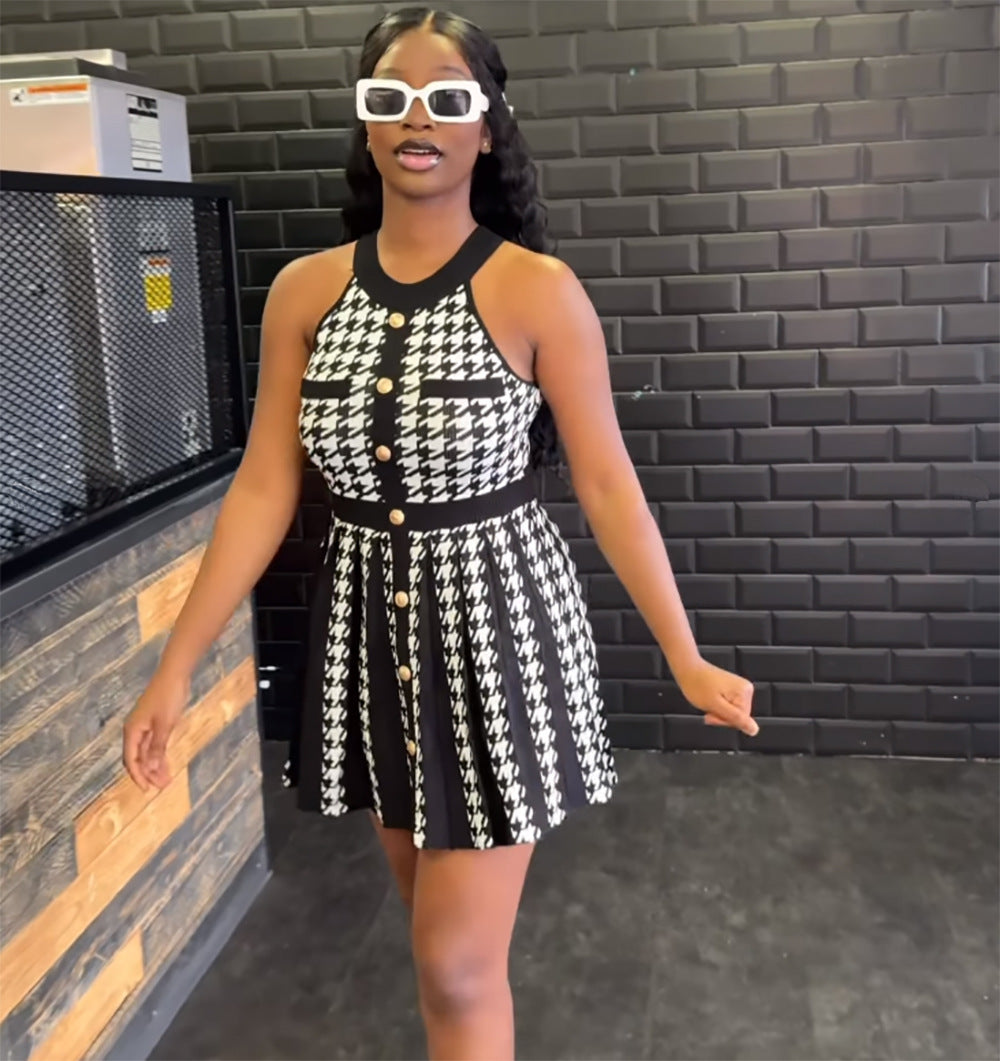 European and american style women's casual dress -  cross-border fashion summer streetwear houndstooth halter a-line dress