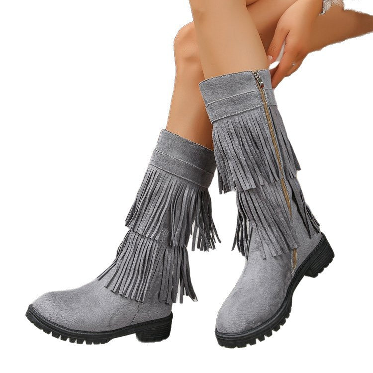 Cross-border large-size boots for women, autumn and winter fringed European and American wind side zipper, retro wind rivet knight boots for women
