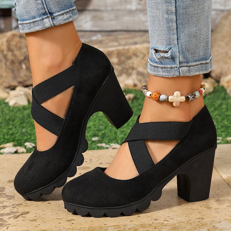 Export  new arrival women's retro mary jane shoes thick heel round toe high heel elastic band flatsplus size cross-border women's shoes