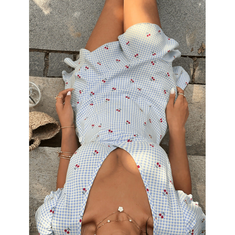 Women's summer new fashion elegant plaid v-neck ruffle hem button-decorated cinched waist mini dress