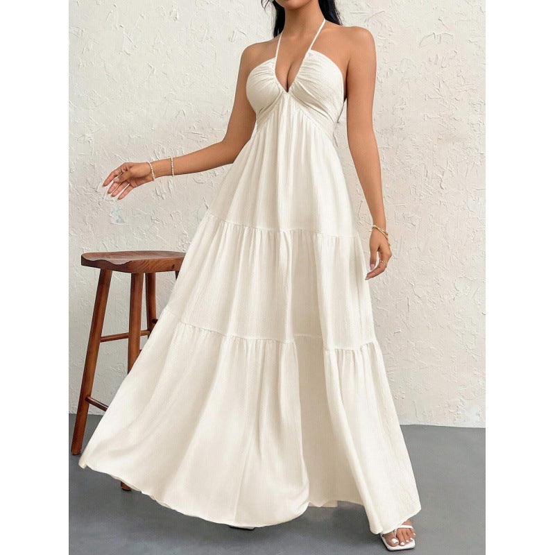 Ready-to-ship 1688 women's romantic beach vacation backless v-neck white pleated a-line dress