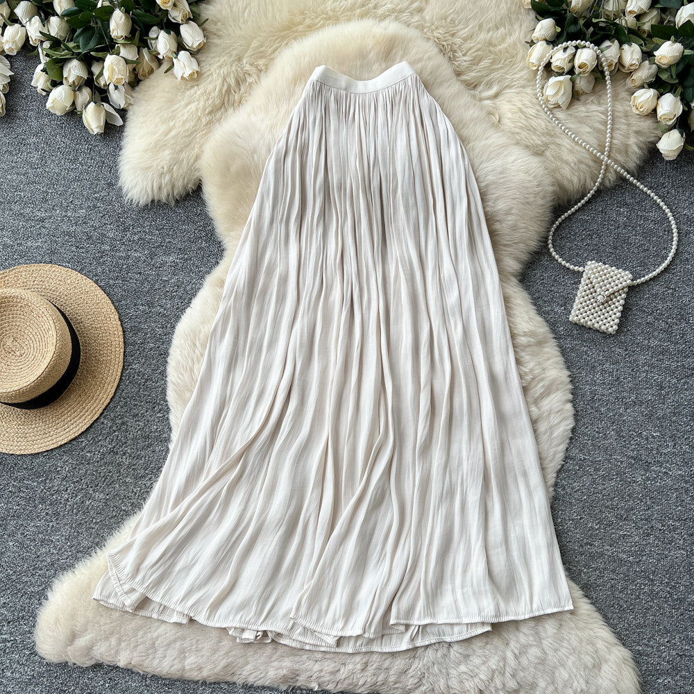 K-style high waist pleated elastic waist skirt women's summera-shaped pleated large hem work clothingelegant long skirt multi-color