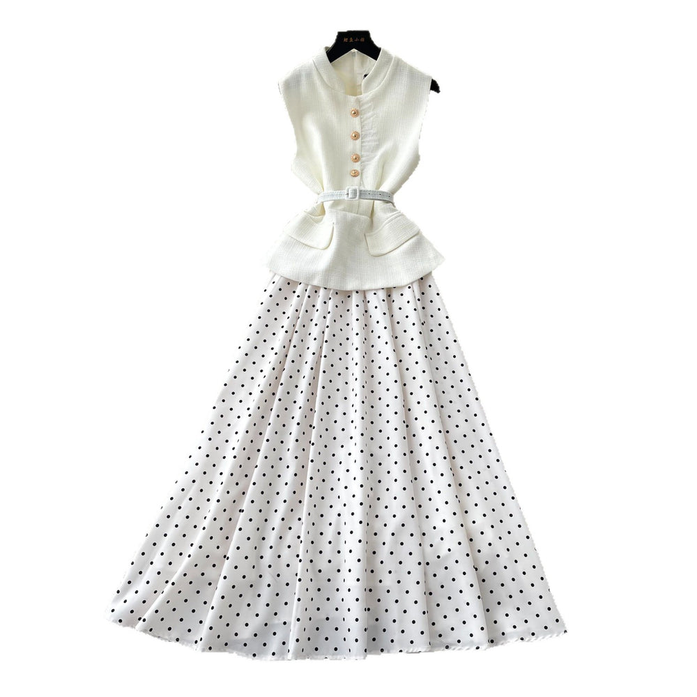 French sleeveless polka dot light luxury elegant dress women's summer slimming look single breasted belt fake two-piece a-line skirt