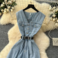 Sophisticated retro chic v-neck sleeveless jumpsuit for women -  summer collection: high-end, tie-waist denim wide-leg pants