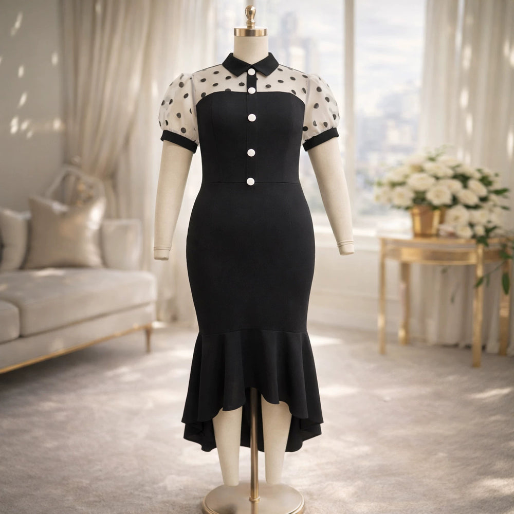 Summernew arrival polka dot tulle sleeve hip skirt single breasted silmmermaid dressbodycon dresses