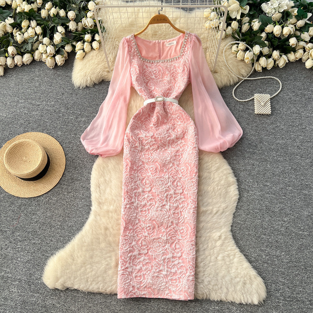 French style elegant puff sleeve lace dress - women's purple diamond-studded slit midi dress, slim fit and figure-flattering