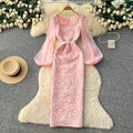French style elegant puff sleeve lace dress - women's purple diamond-studded slit midi dress, slim fit and figure-flattering