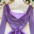 Feminine sexyv neck twist long sleeves mesh dress autum pleated waist bag hip hot girl short skirt