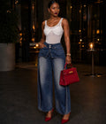 European and american style women's casual denim faux two-piece skirt pants - new  cross-border women's clothing - washed vintage straight-leg pants