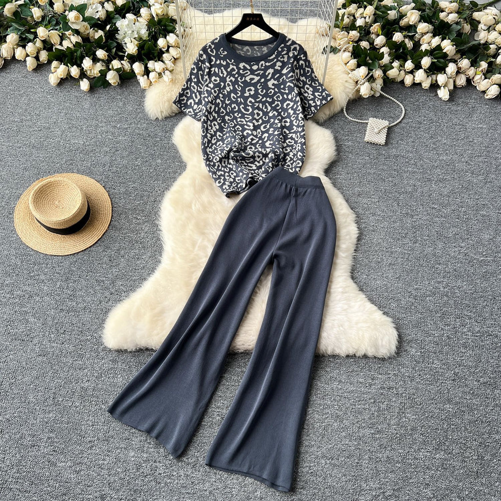 European and american hot girl style leopard print crew neck short sleeve t-shirt + high waist slimming solid color wide leg trousers two-piece set