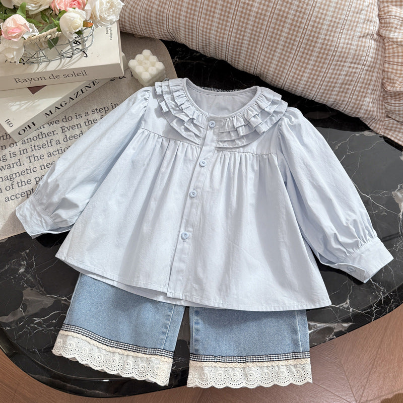 Spring new girls' long-sleeve lace collar shirt - trendy baby girl blouse, stylish kids' top, casual children's clothing