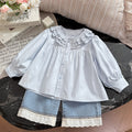Spring new girls' long-sleeve lace collar shirt - trendy baby girl blouse, stylish kids' top, casual children's clothing