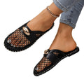 Women's flat mule slippers for export, summer  new style, mesh hollow-out design with metal buckle, plus size half slippers
