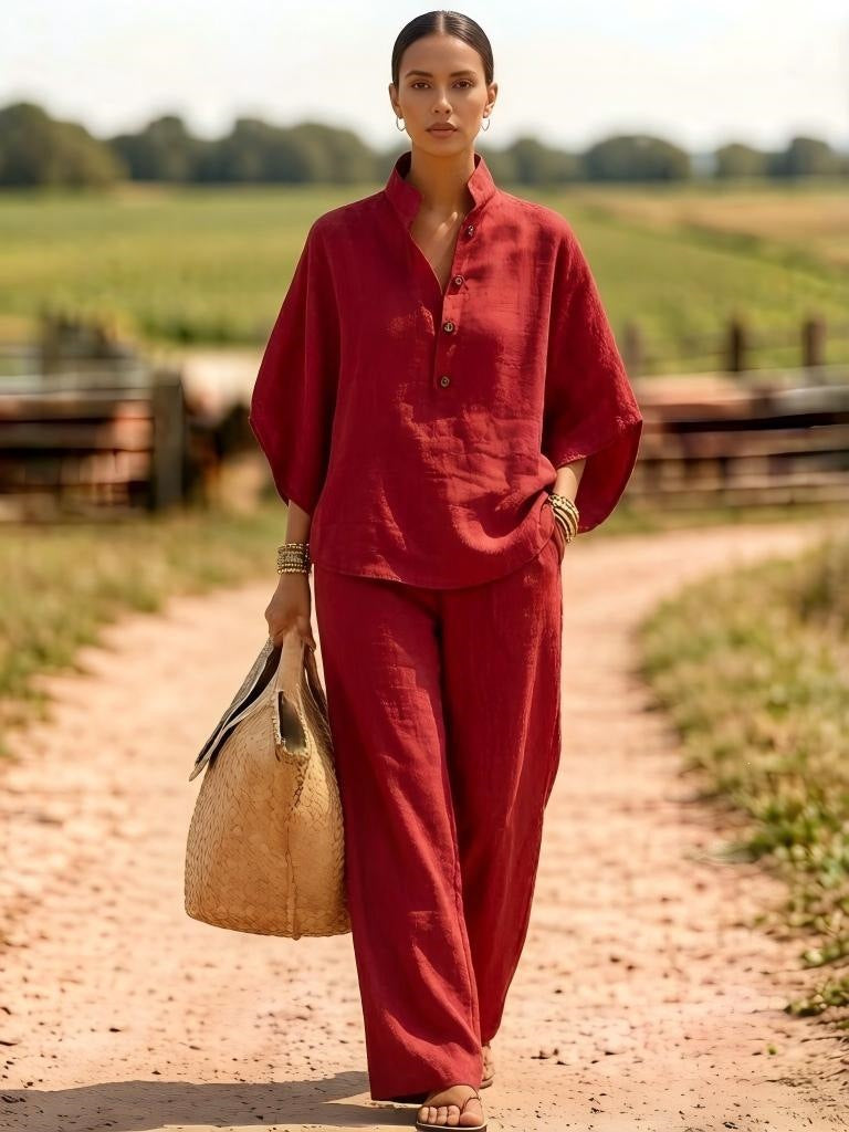 european and american cross-border new spring/summer comfortable casual button-down shirt and wide-leg pants linen two-piece women's set