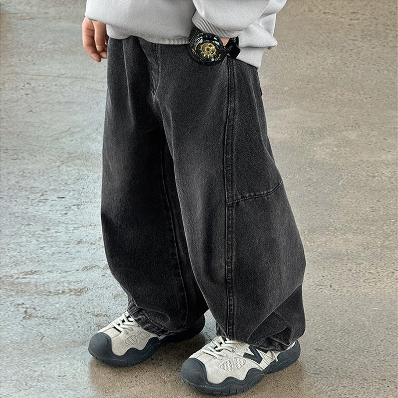Boys' jeans spring pants medium and large children's autumn straight-leg pants kidsren's wide-leg pants scimitar pants thickened
