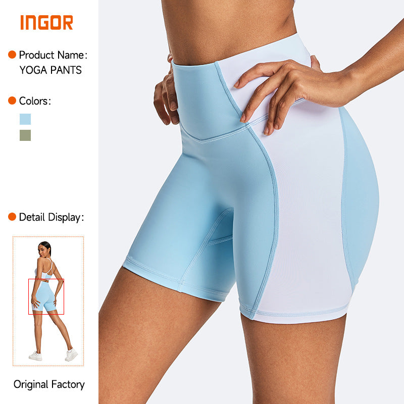 fashioncontrast color tight yoga shorts women's high waist tummy control fashion fitness pants hip lifting running sports shorts