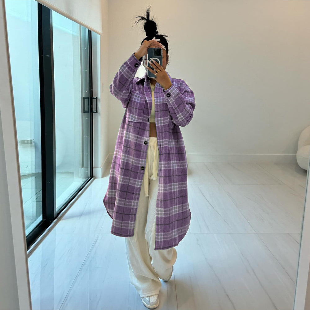 spring new arrivals: european and american style women's fashion - lapel collar pocket wool blend plaid shirt