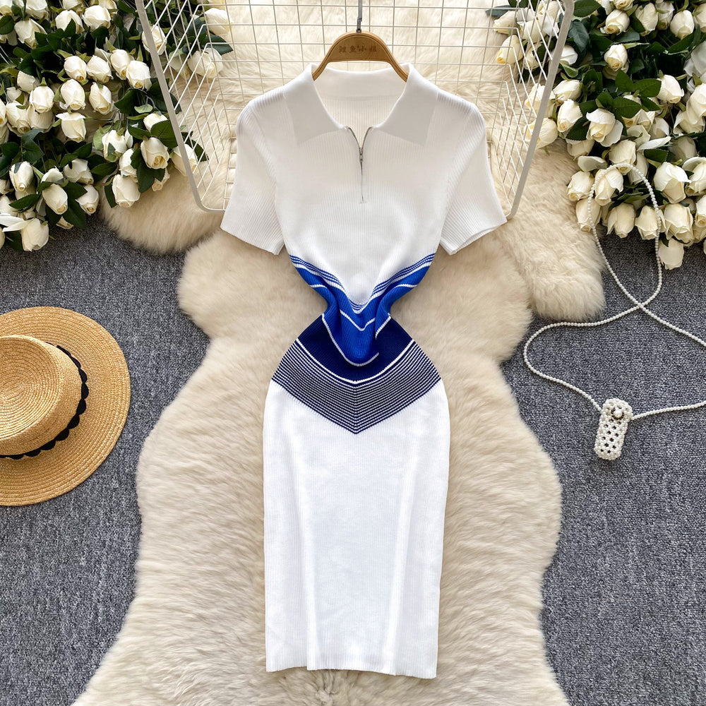 Korean chic retro color block knit dress - women's  summer slim fit polo collar short sleeve bodycon dress