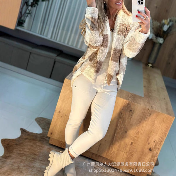 LZR18871 European and American women's clothing khaki autumn and winter fleece plaid pattern casual bat-sleeved cardigan jacket