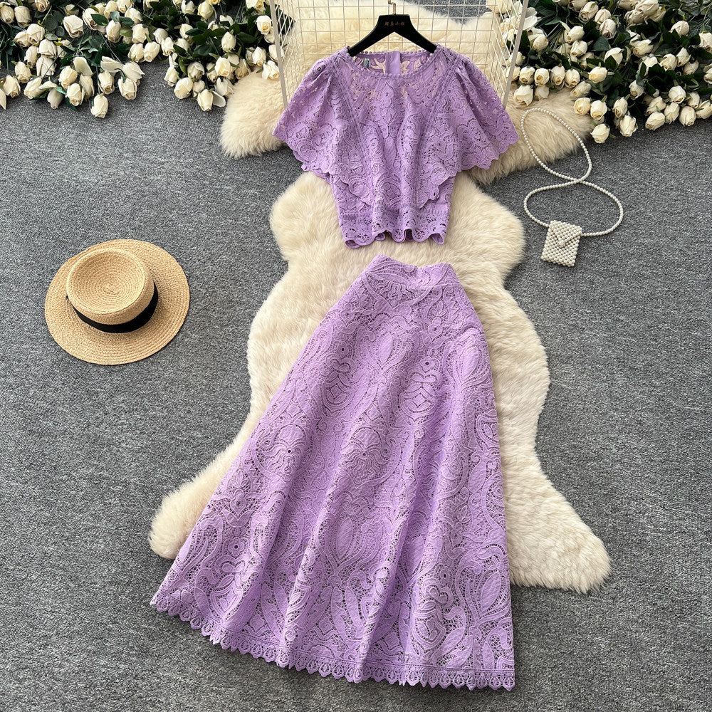 French chic lace two-piece set: elegant round neck short sleeve top & high-waisted midi skirt - perfect for summer