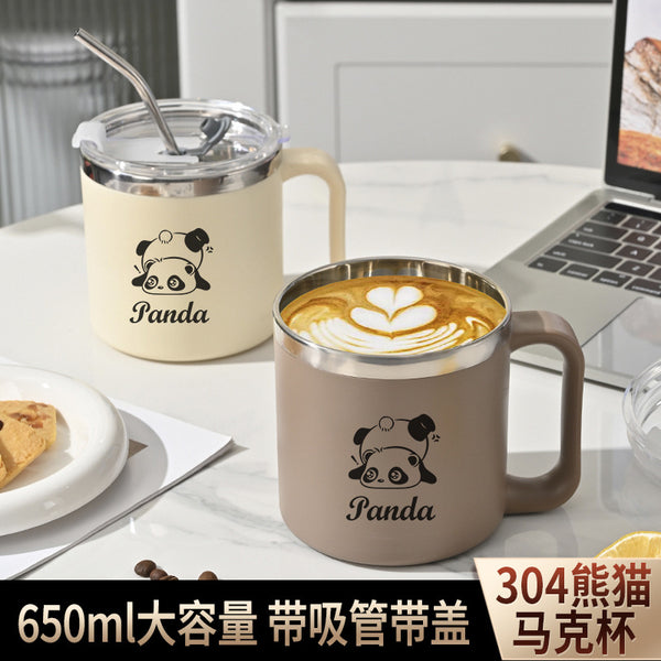304 stainless steel liner panda mug with lid and straw home office student large-capacity coffee mug