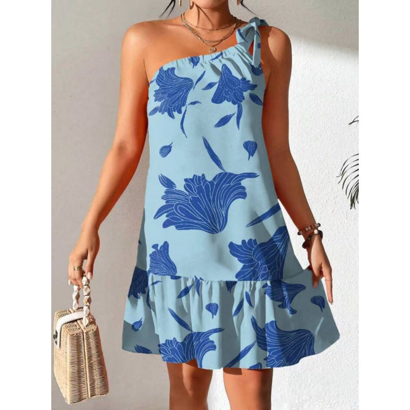 Shipped: cross-border fashionable european and american style sexy off-the-shoulder floral midi dress with ribbon trim