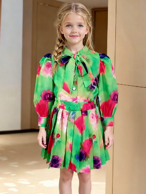new girls' chiffon printed set: long-sleeve blouse + pleated skirt two-piece outfit