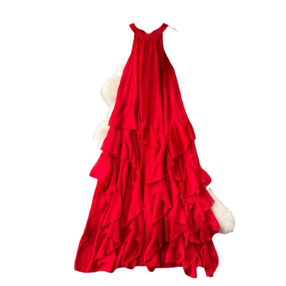 Beach vacation dress - women's alluring & ethereal halter neck ruffle chiffon fairy dress - french style sleeveless maxi dress