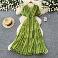Frenchv neck small diamond elegantdress women's summer k-style waist slimming look a-line cake long skirt dopamine style