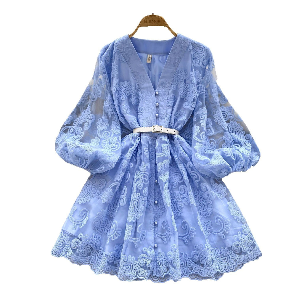 French sweet court style v-neck lantern sleeve heavily embroidered cinched waist slimming single-breasted a-line elegant dress for women