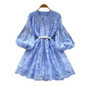 French sweet court style v-neck lantern sleeve heavily embroidered cinched waist slimming single-breasted a-line elegant dress for women