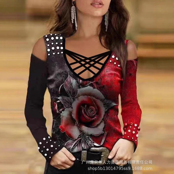 ODL1108 Foreign Trade 2024 Women's Cross-Neck Long Sleeve Off-Shoulder Printed T-Shirt