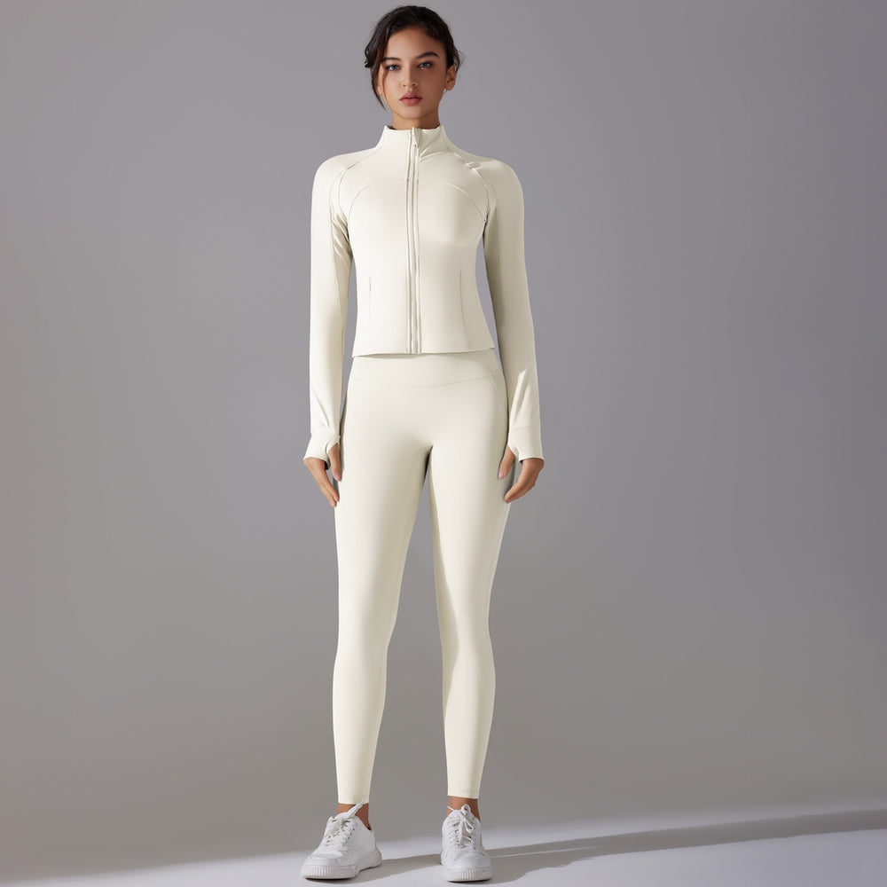 Amazon's new stand-up collar zipper long sleeves yoga clothes high waist hip lifting tight pants naked running fitness suit