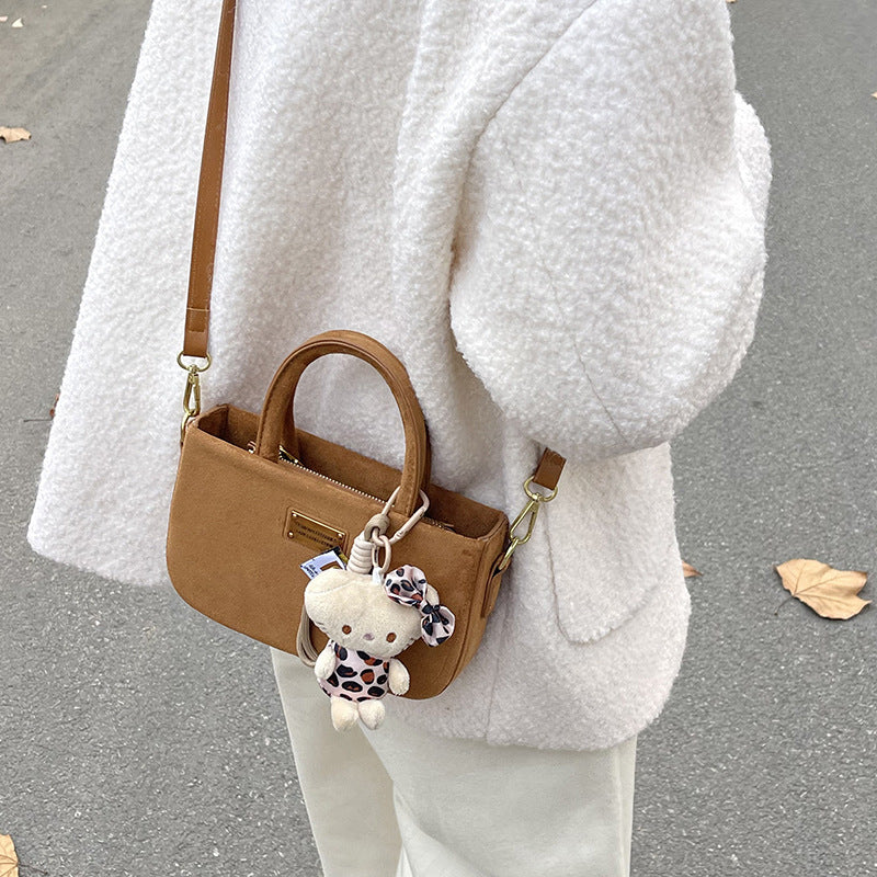 Frosted box bag, hand carry small bag, women's 2025 new autumn and winter retro suede messenger bag, mobile phone bag.