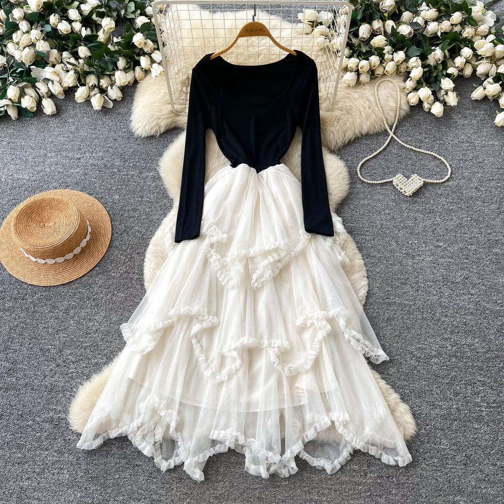 Frenchfake two-piece mesh patchworkdress women's autumn wear slimming look cake skirt rufflespatchwork long skirt elegance style