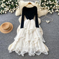 Frenchfake two-piece mesh patchworkdress women's autumn wear slimming look cake skirt rufflespatchwork long skirt elegance style