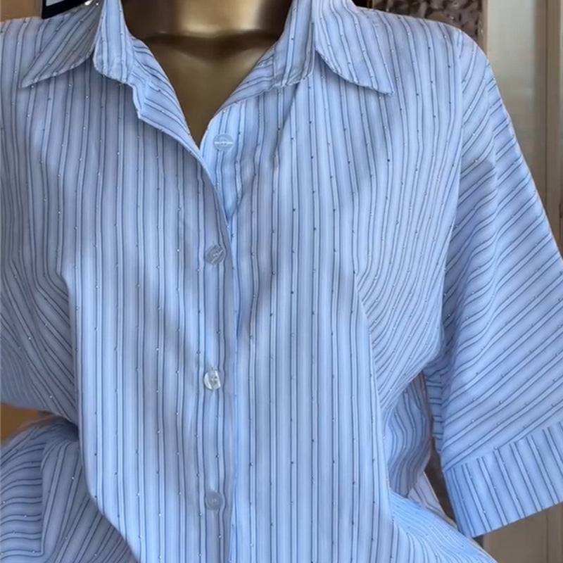 European and american cross-border women's fashion:  autumn new collection - stylish turn-down collar striped short-sleeve shirt and wide-leg shorts casual set