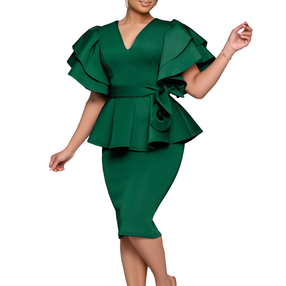 D3314  new arrival: fashionable, elegant, and chic ruffle-trimmed solid color bodycon party dress - african style